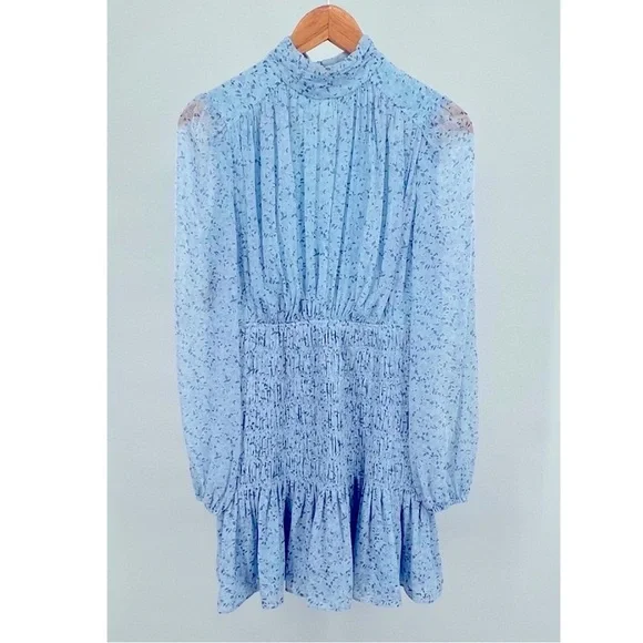 House of Harlow SHONA JOY Mock Neck Flowy Smocked Mini Dress Coquette SIZE LARGE - Picture 2 of 10